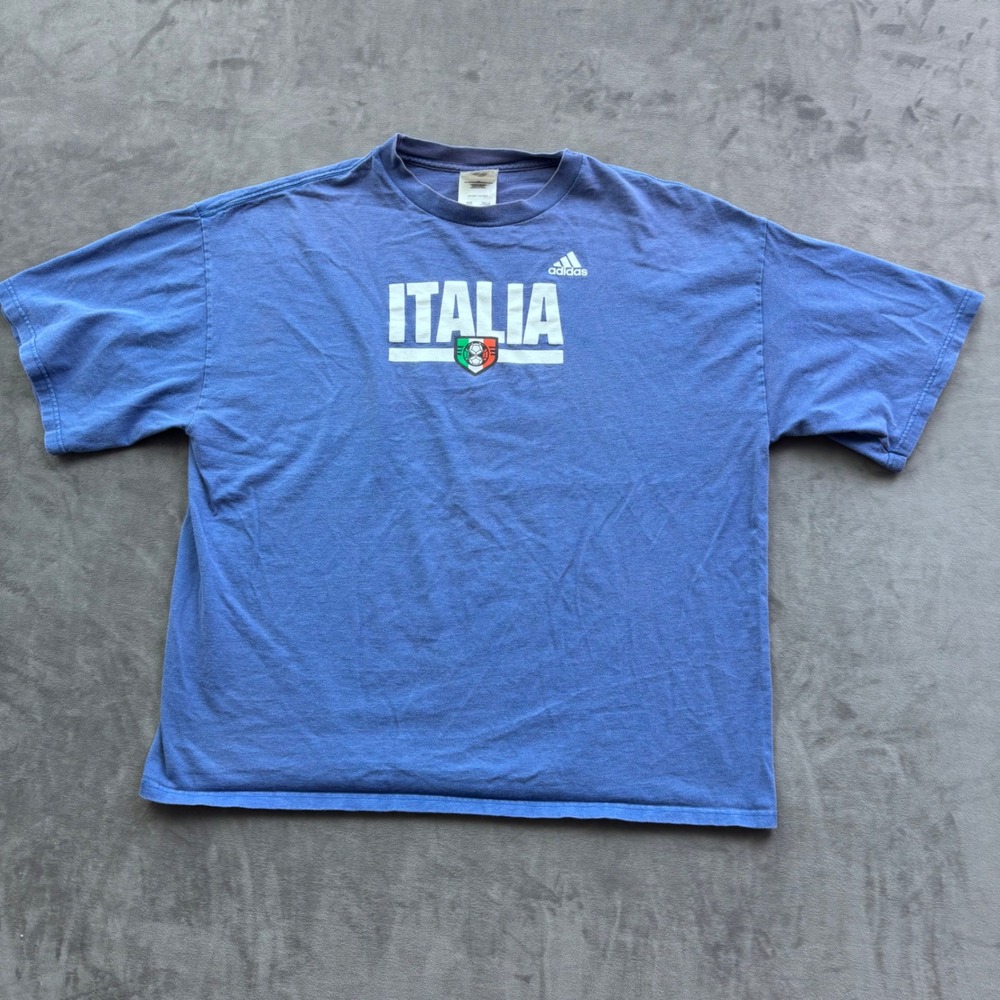 VTG Adidas Italia Soccer Graphic T-Shirt Mens XL Blue Short Sleeve Crew Neck Tee